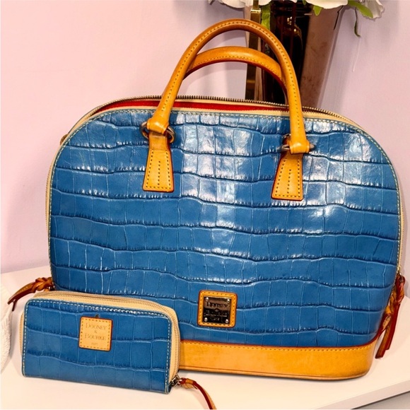 Dooney & Bourke Handbags - Dooney & Bourke Blue Croc-Embossed Satchel with Tan Trim